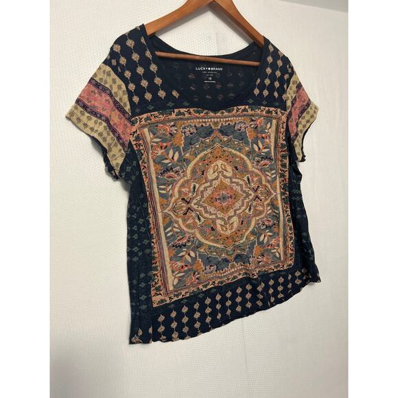 Lucky Brand Women’s Boho Short Sleeve T-Shirt Multicolor Medallion Print Top 1X - Picture 4 of 9
